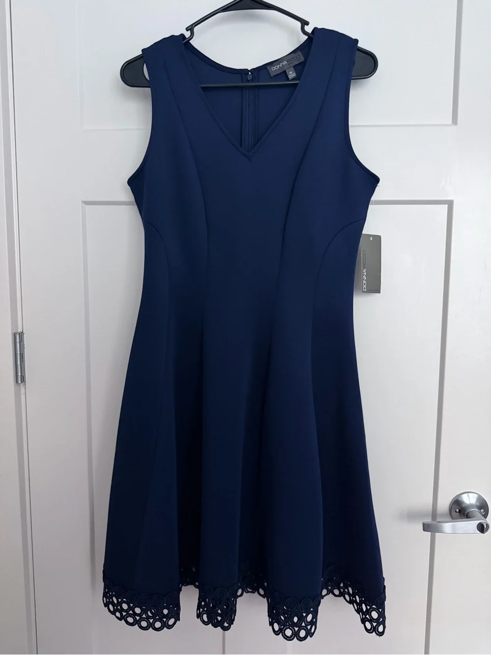 Donna Ricco Navy V-Neck A-Line Dress with Lace Hem - Picture 6 of 9